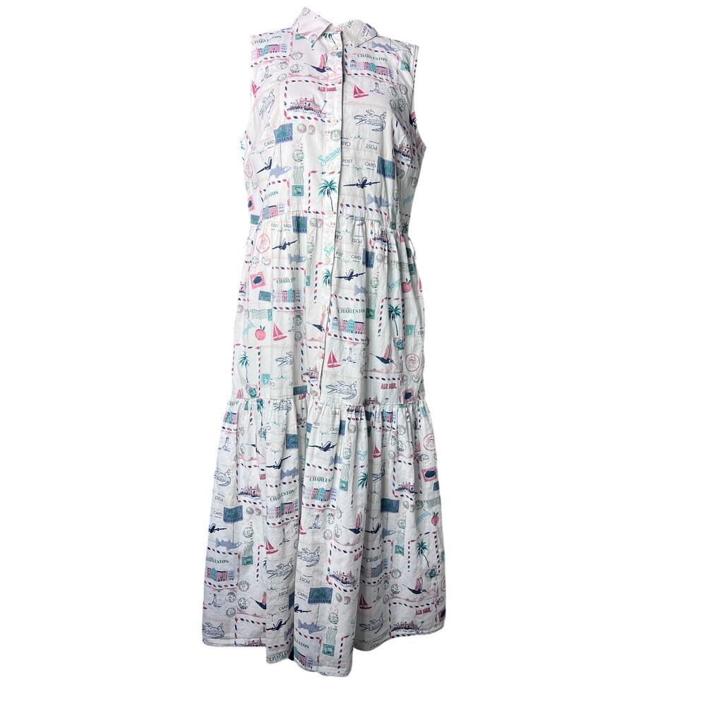 J.Crew Postcard Print Midi Dress Women 6 white Coastal Vacation Sleeveless - Picture 2 of 11